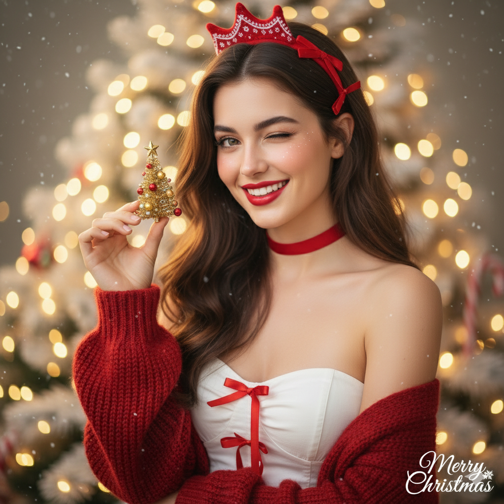 Festive Charm AI Portrait Prompt - Winking Christmas Beauty