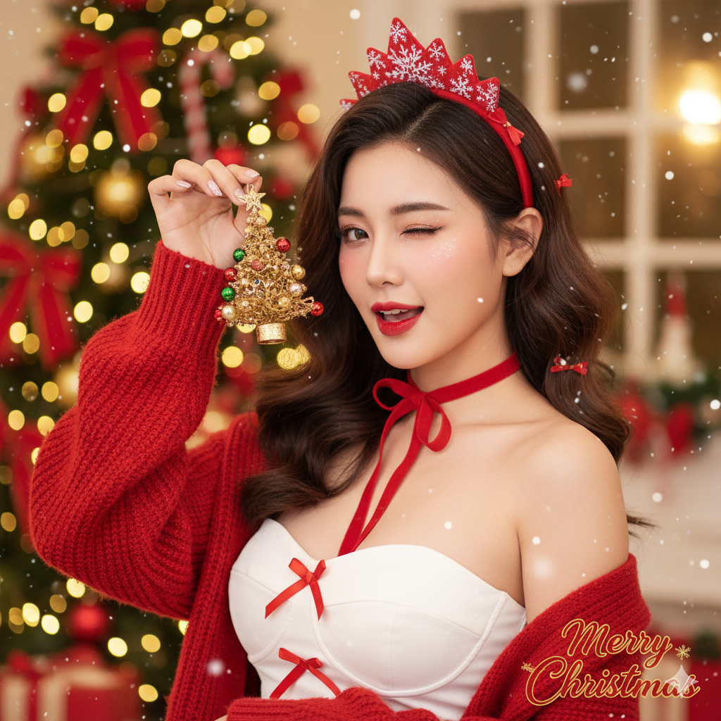 Festive Charm AI Portrait Prompt - Winking Christmas Beauty