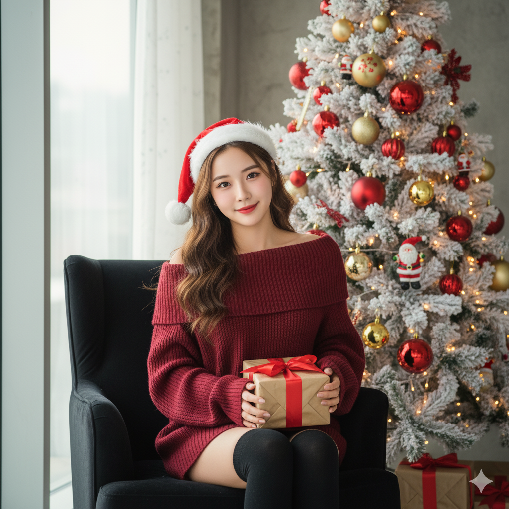 "Sweet Christmas Charm" - Red Sweater & Santa Hat Portrait